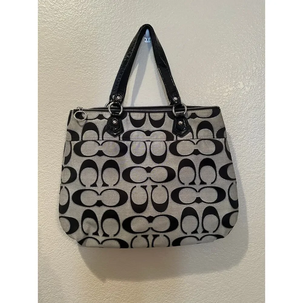 COACH Poppy Metallic Lurex Glam Signature Black n Grey Canvas Tote Shoulder Bag
